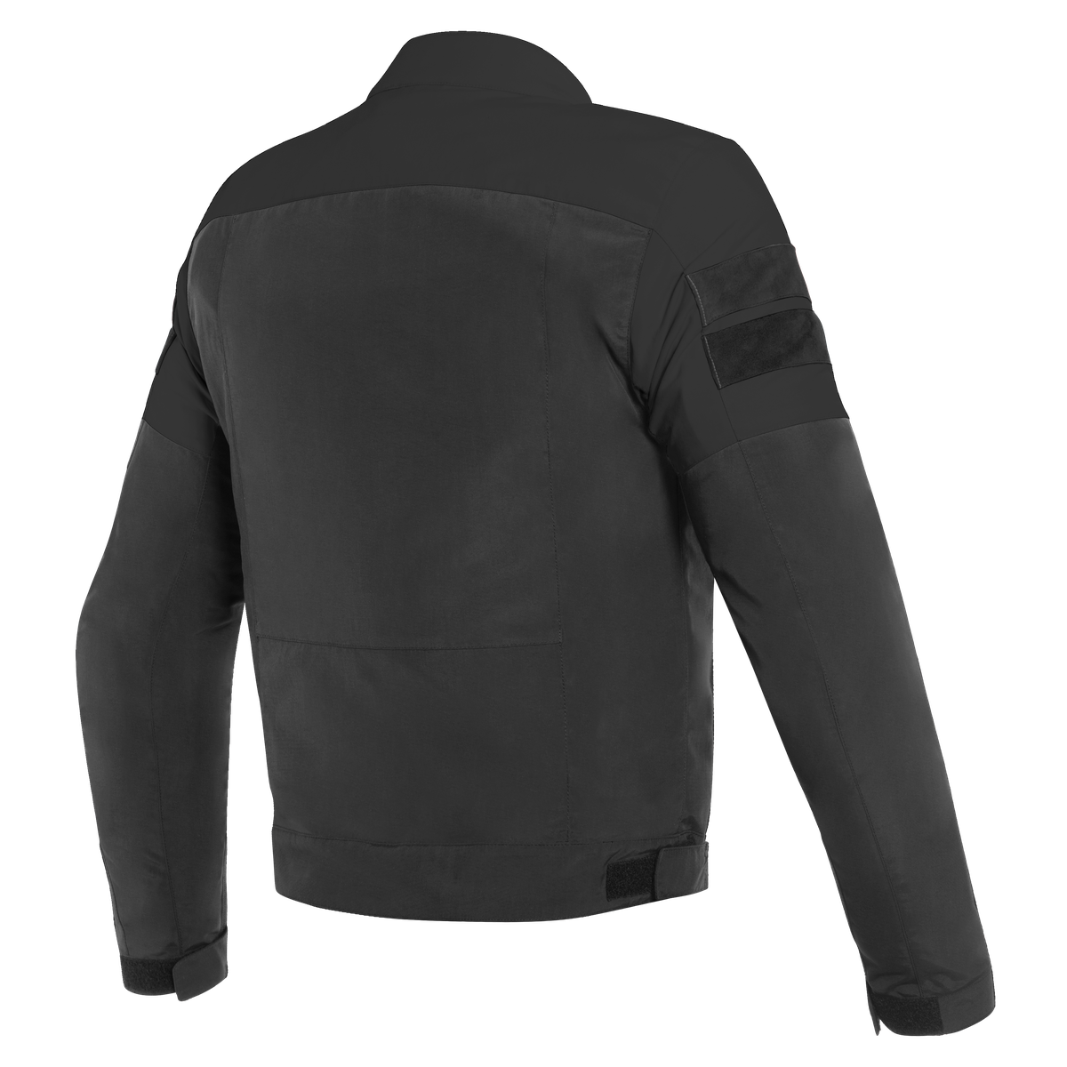 DAINESE 8-TRACK TEX JACKET 黑黑復古布料騎士外套背面陳列照，可見背部車縫線條與麂皮插件細節，可拆卸式保暖襯裡四季適用