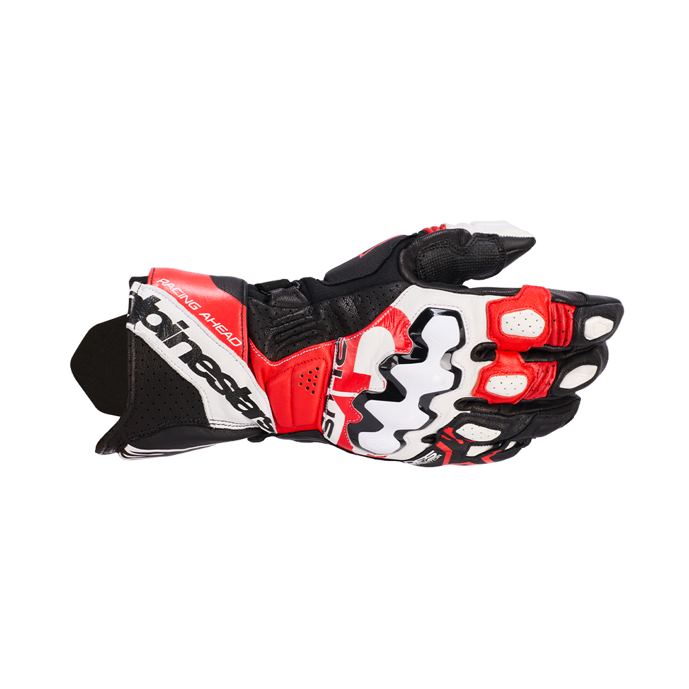 Alpinestars GP PLUS R V3 LEATHER GLOVES 機車手套商品照片，提供黑白、黑白紅、黑白亮紅、亮紅 螢光紅 黑、螢光黃等配色，呈現手套版型、防護部件與縫製細節，方便顧客選購前比對外觀與剪裁樣式。