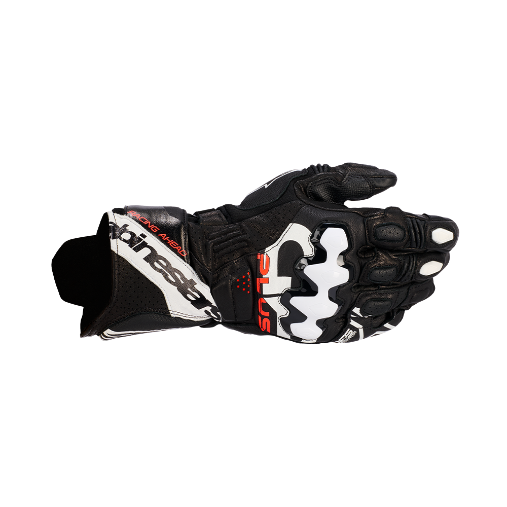 Alpinestars GP PLUS R V3 LEATHER GLOVES 機車手套商品照片，提供黑白、黑白紅、黑白亮紅、亮紅 螢光紅 黑、螢光黃等配色，呈現手套版型、防護部件與縫製細節，方便顧客選購前比對外觀與剪裁樣式。