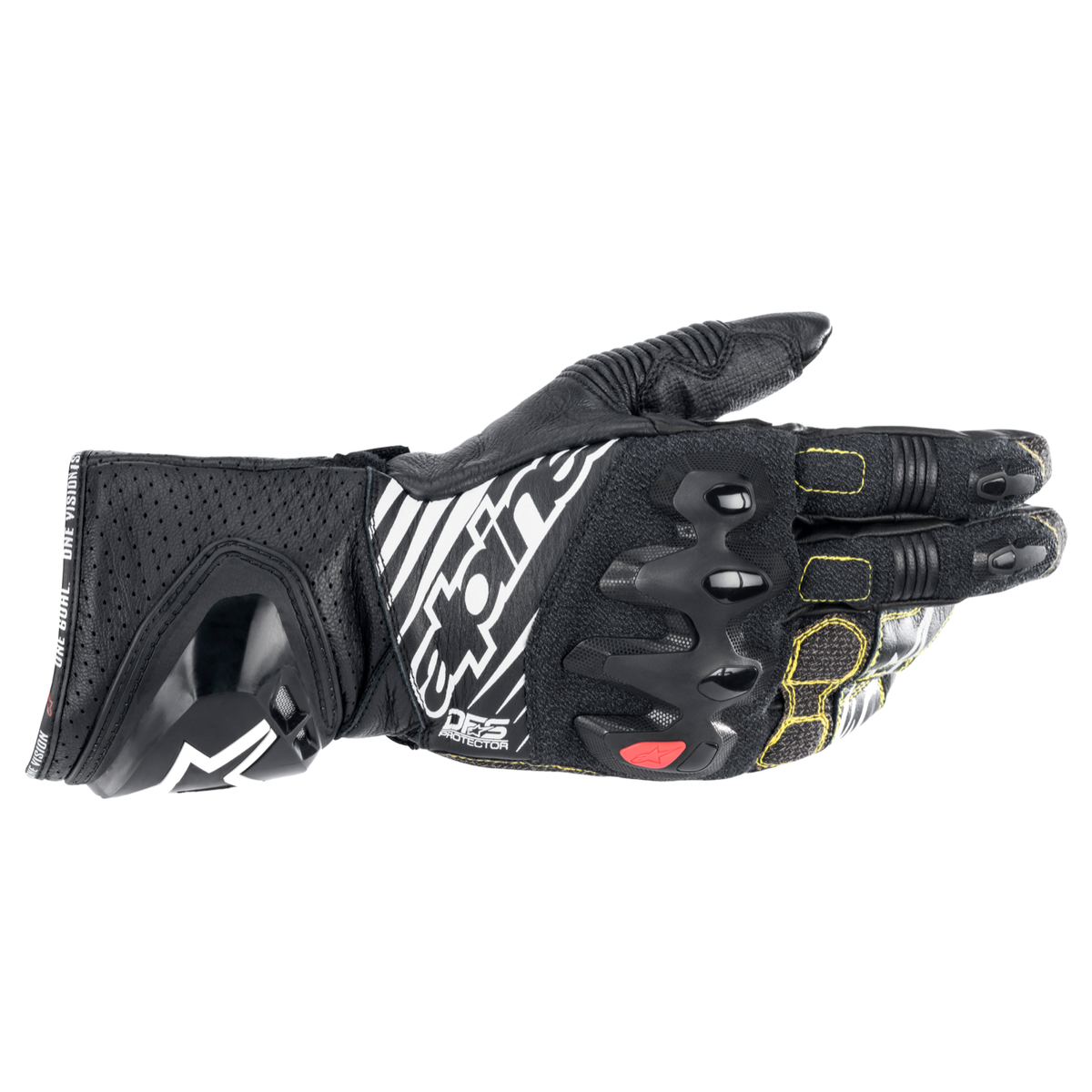 Alpinestars GP TECH V2 GLOVES 機車手套商品照片，提供黑白、黑白紅、黑黃白紅等配色，呈現手套版型、防護部件與縫製細節，方便顧客選購前比對外觀與剪裁樣式。
