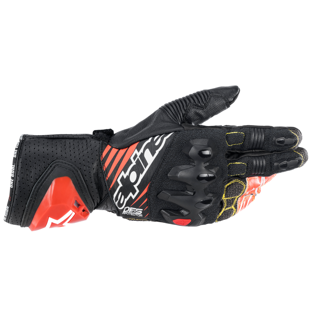 Alpinestars GP TECH V2 GLOVES 機車手套商品照片，提供黑白、黑白紅、黑黃白紅等配色，呈現手套版型、防護部件與縫製細節，方便顧客選購前比對外觀與剪裁樣式。