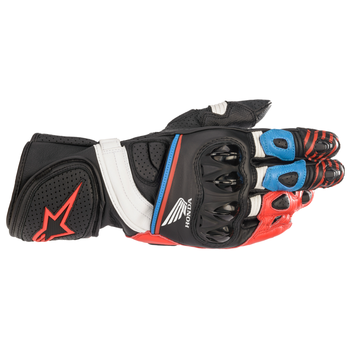 Alpinestars HONDA GP PLUS R V2 GLOVES 機車手套商品照片，提供黑紅藍等配色，呈現手套版型、防護部件與縫製細節，方便顧客選購前比對外觀與剪裁樣式。
