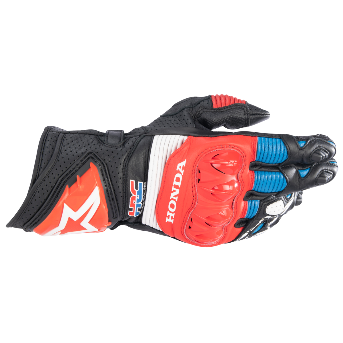 Alpinestars HONDA GP PRO R3 GLOVES 機車手套商品照片，提供黑紅藍等配色，呈現手套版型、防護部件與縫製細節，方便顧客選購前比對外觀與剪裁樣式。