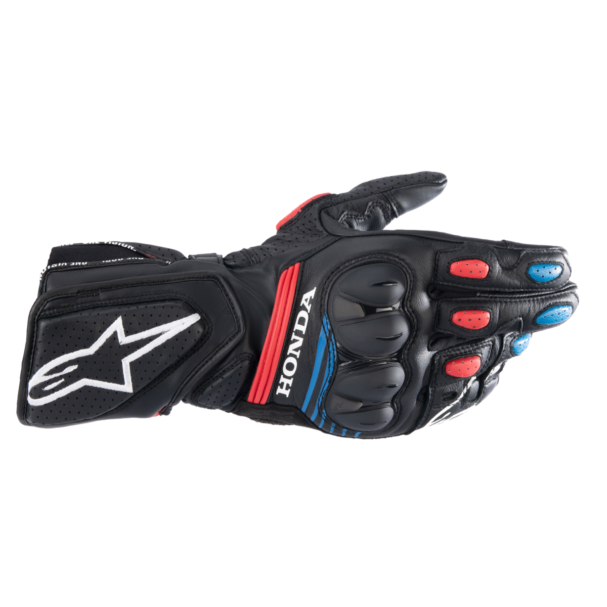 Alpinestars HONDA SP-8 V3 GLOVES 機車手套商品照片，提供黑紅藍等配色，呈現手套版型、防護部件與縫製細節，方便顧客選購前比對外觀與剪裁樣式。