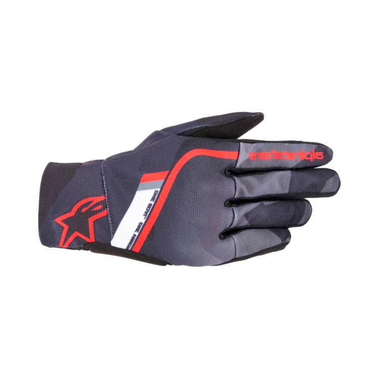 Alpinestars REEF GLOVES 機車手套商品照片，提供黑白、黑灰迷彩、黑灰迷彩亮紅等配色，呈現手套版型、防護部件與縫製細節，方便顧客選購前比對外觀與剪裁樣式。