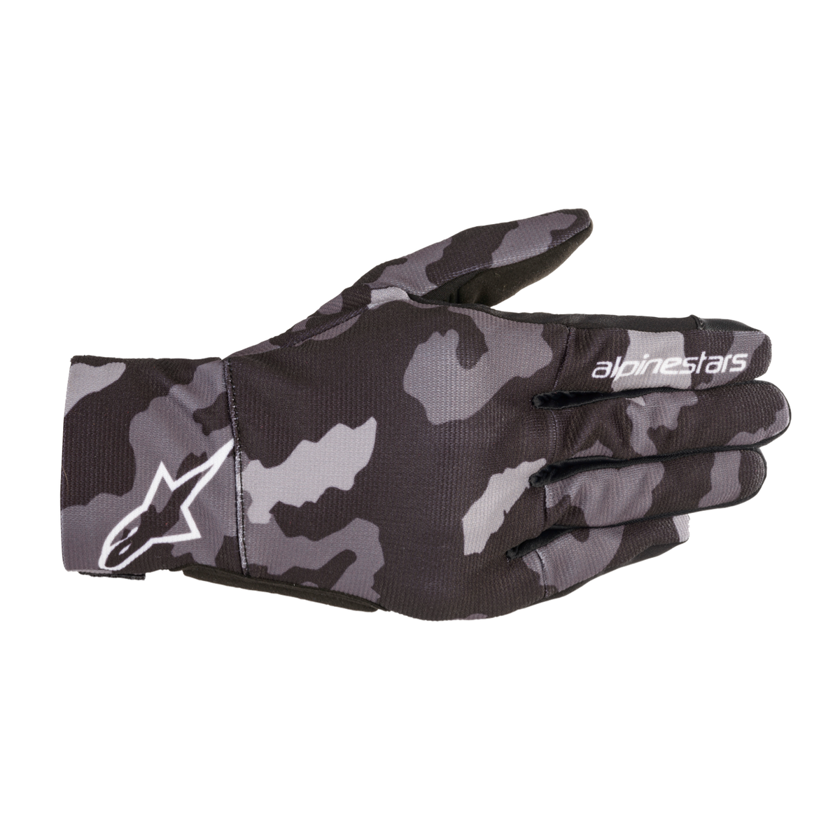 Alpinestars REEF GLOVES 機車手套商品照片，提供黑白、黑灰迷彩、黑灰迷彩亮紅等配色，呈現手套版型、防護部件與縫製細節，方便顧客選購前比對外觀與剪裁樣式。
