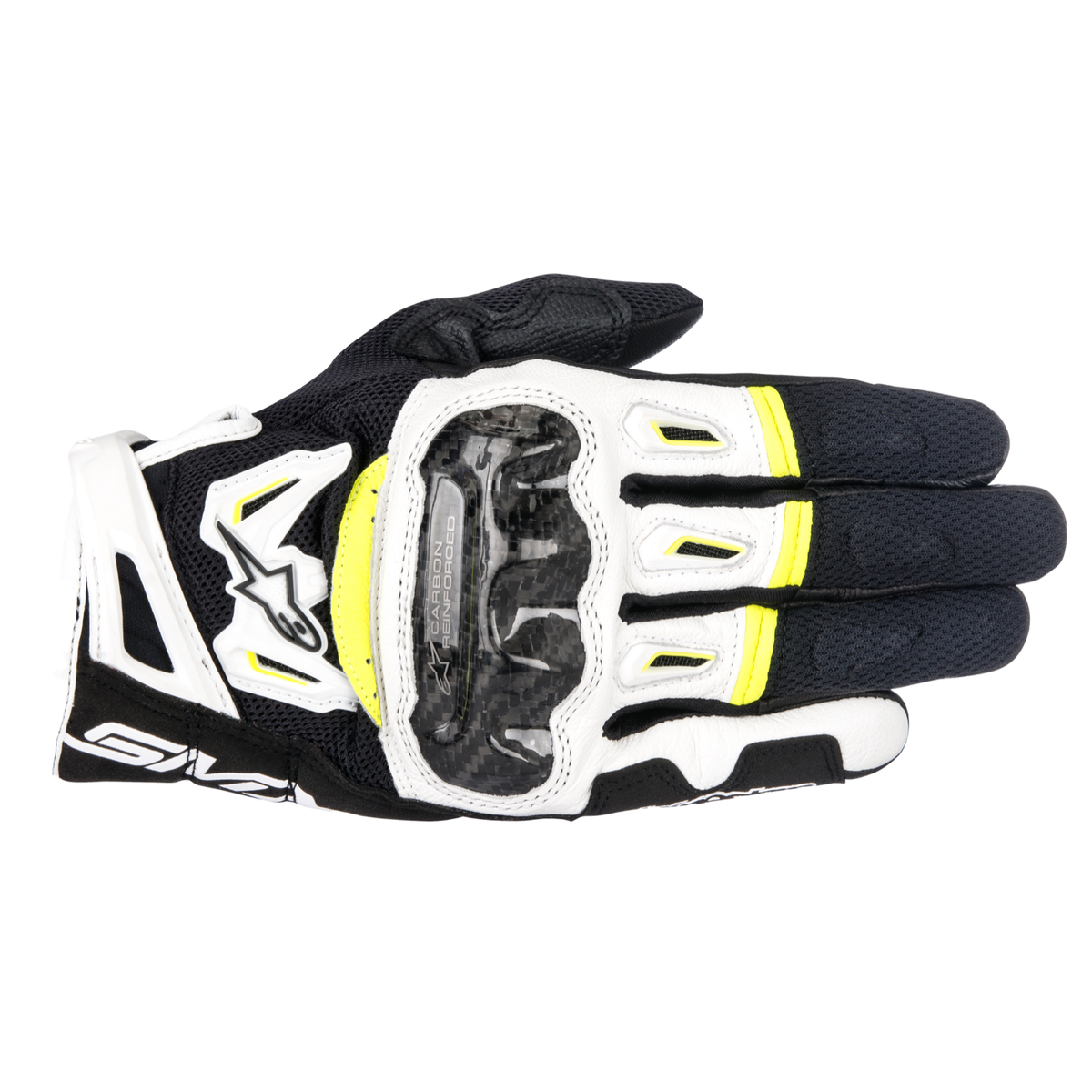 Alpinestars SMX-2 AIR CARBON V2 GLOVE 機車手套商品照片，提供黑、黑白、黑白黃、黑紅白等配色，呈現手套版型、防護部件與縫製細節，方便顧客選購前比對外觀與剪裁樣式。