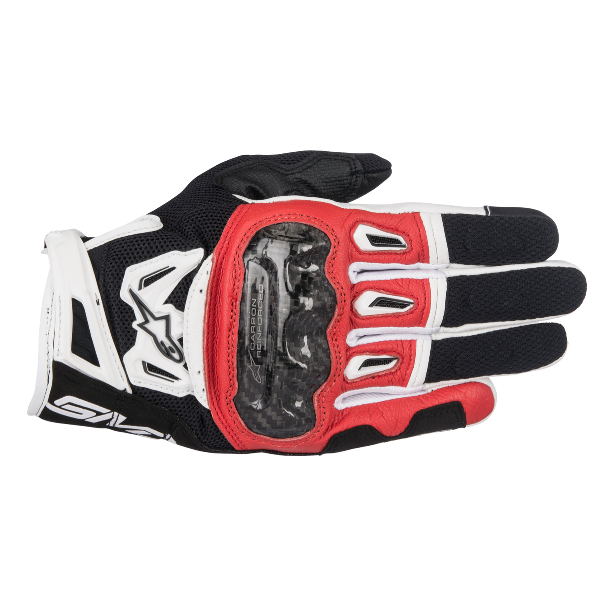 Alpinestars SMX-2 AIR CARBON V2 GLOVE 機車手套商品照片，提供黑、黑白、黑白黃、黑紅白等配色，呈現手套版型、防護部件與縫製細節，方便顧客選購前比對外觀與剪裁樣式。