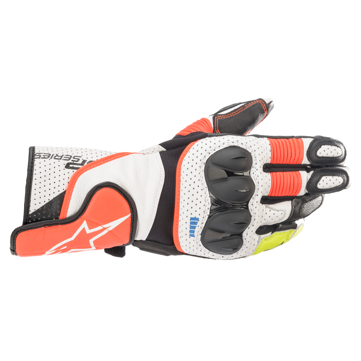 Alpinestars SP-2 V3 GLOVES 機車手套商品照片，提供黑灰、黑白、黑白亮紅、白螢光紅黑等配色，呈現手套版型、防護部件與縫製細節，方便顧客選購前比對外觀與剪裁樣式。