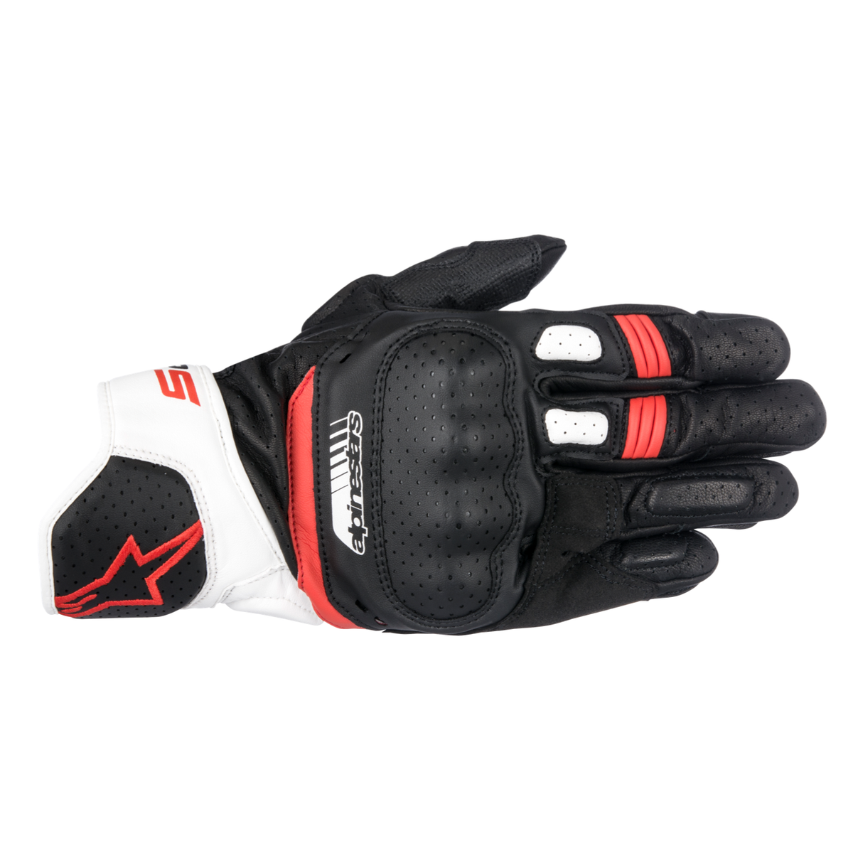 Alpinestars SP-5 GLOVES 機車手套商品照片，提供黑、黑白紅等配色，呈現手套版型、防護部件與縫製細節，方便顧客選購前比對外觀與剪裁樣式。本圖取自代理商原廠網站，僅供比對外觀顏色與版型使用，實際商品配色以到貨為準。