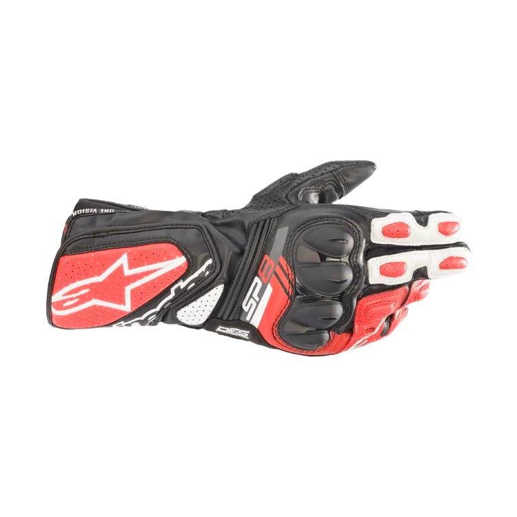 Alpinestars SP-8 V3 GLOVES *ASIA 機車手套商品照片，提供黑、黑白亮紅等配色，呈現手套版型、防護部件與縫製細節，方便顧客選購前比對外觀與剪裁樣式。