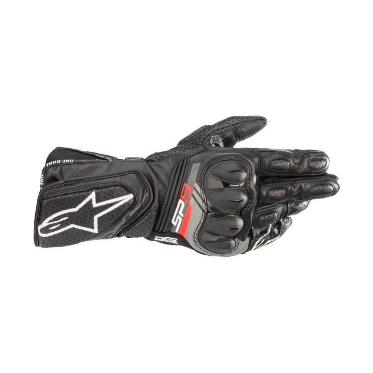 Alpinestars SP-8 V3 GLOVES *ASIA 機車手套商品照片，提供黑、黑白亮紅等配色，呈現手套版型、防護部件與縫製細節，方便顧客選購前比對外觀與剪裁樣式。