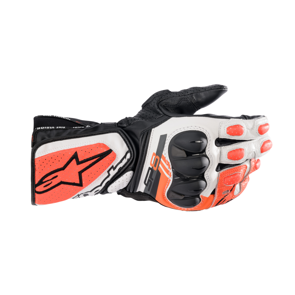 Alpinestars SP-8 V3 GLOVES 機車手套商品照片，提供黑黑、黑白螢光紅、黑螢光紅等配色，呈現手套版型、防護部件與縫製細節，方便顧客選購前比對外觀與剪裁樣式。