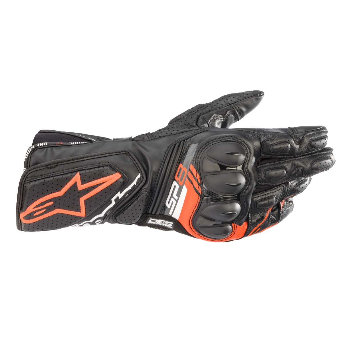 Alpinestars SP-8 V3 GLOVES 機車手套商品照片，提供黑黑、黑白螢光紅、黑螢光紅等配色，呈現手套版型、防護部件與縫製細節，方便顧客選購前比對外觀與剪裁樣式。