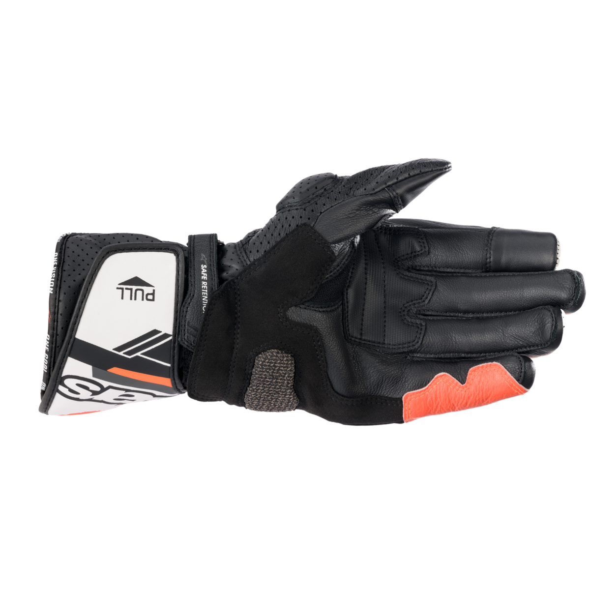 Alpinestars SP-8 V3 GLOVES 機車手套商品照片，提供黑黑、黑白螢光紅、黑螢光紅等配色，呈現手套版型、防護部件與縫製細節，方便顧客選購前比對外觀與剪裁樣式。