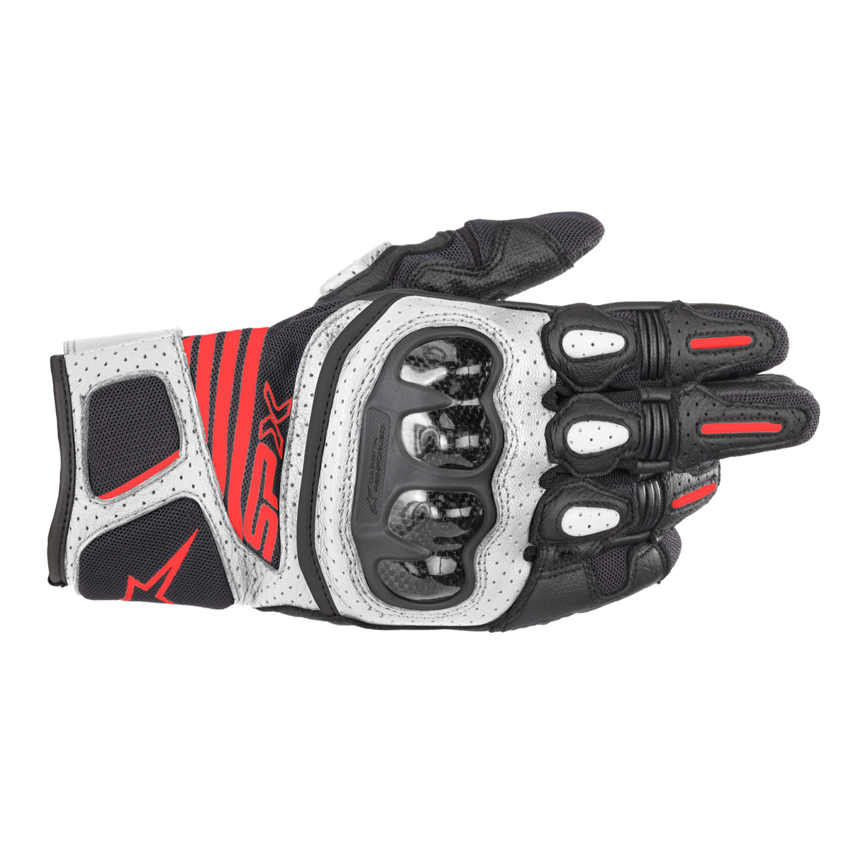 Alpinestars SP X AIR CARBON V2 GLOVE 機車手套商品照片，提供黑、黑白、黑白紅等配色，呈現手套版型、防護部件與縫製細節，方便顧客選購前比對外觀與剪裁樣式。
