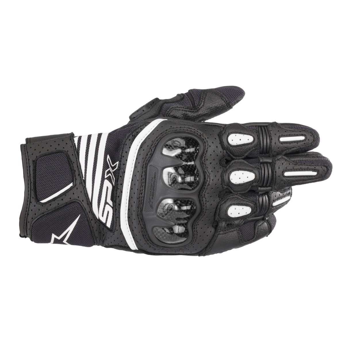 Alpinestars SP X AIR CARBON V2 GLOVE 機車手套商品照片，提供黑、黑白、黑白紅等配色，呈現手套版型、防護部件與縫製細節，方便顧客選購前比對外觀與剪裁樣式。