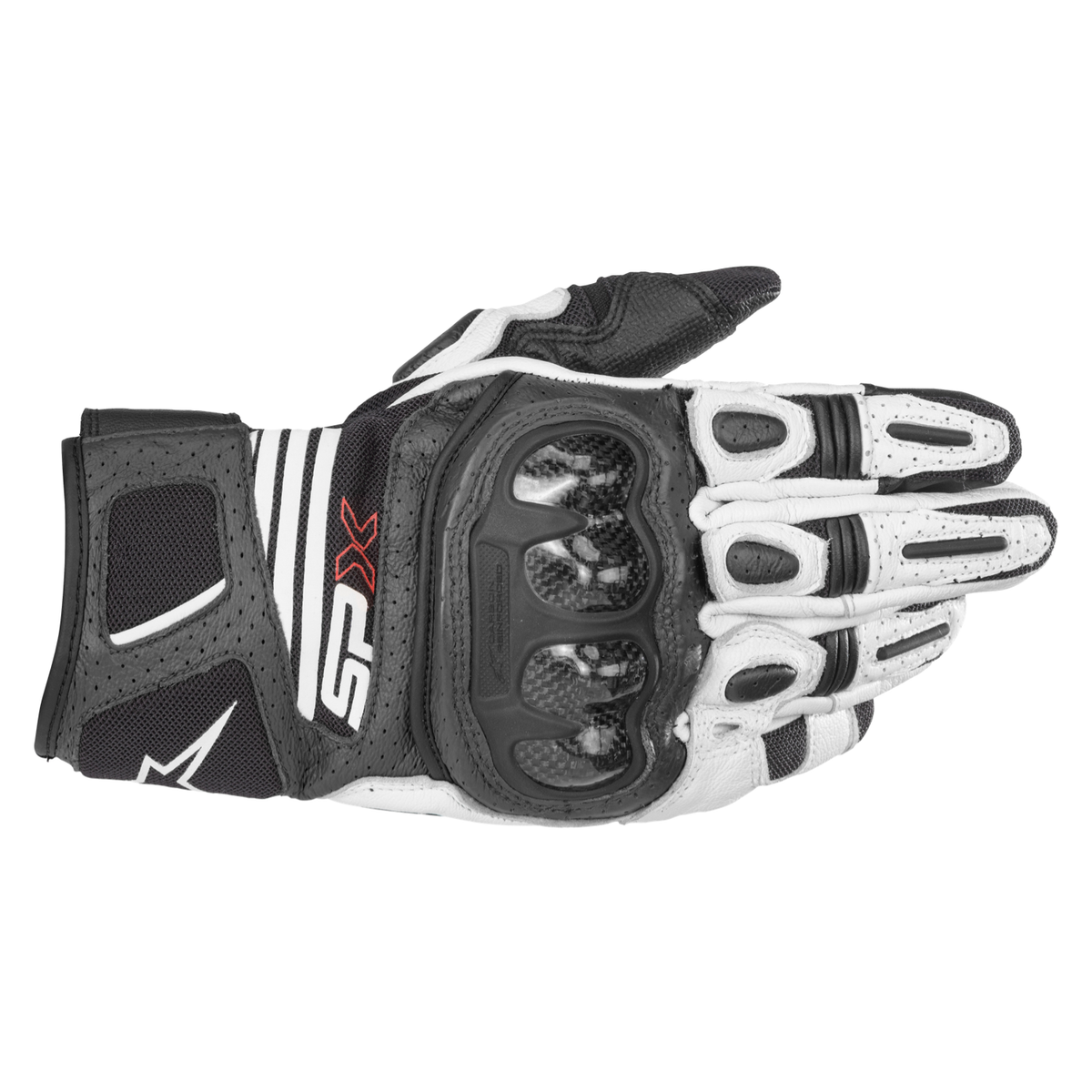 Alpinestars SP X AIR CARBON V2 GLOVE 機車手套商品照片，提供黑、黑白、黑白紅等配色，呈現手套版型、防護部件與縫製細節，方便顧客選購前比對外觀與剪裁樣式。