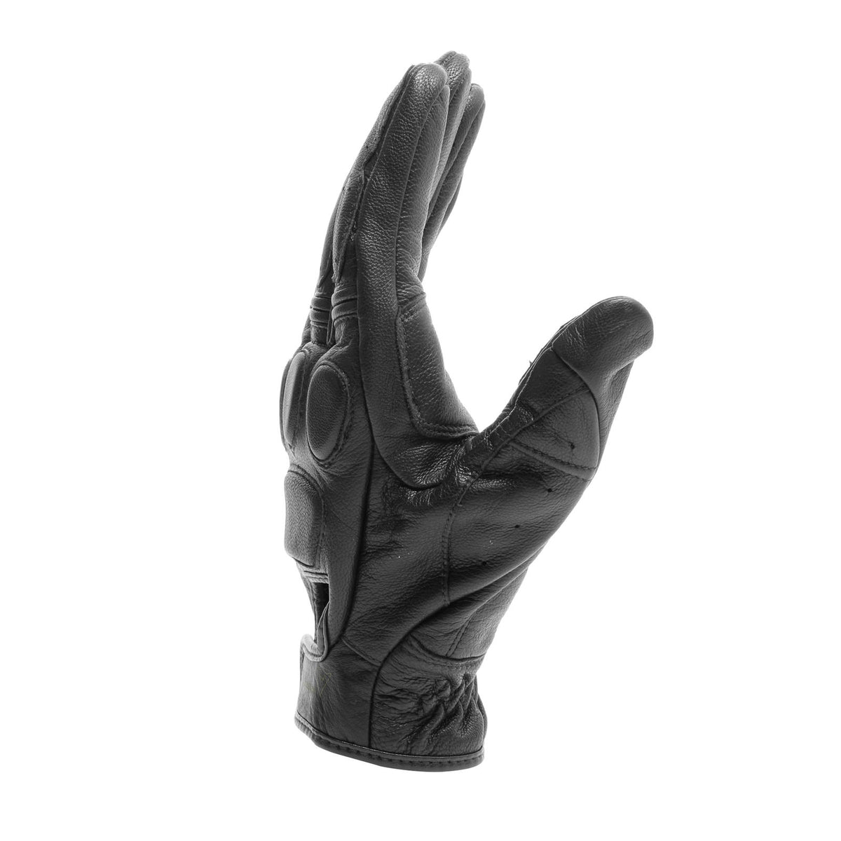 DAINESE BLACKJACK UNISEX GLOVES 側面視角展示，手指自然彎曲可見皮革縫線立體感，拇指與腕部彈性插件清晰可見，黑色復古手套側面細節照