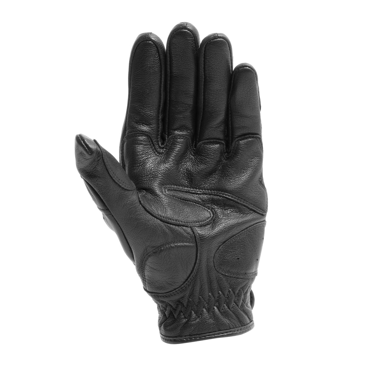 DAINESE BLACKJACK UNISEX GLOVES 手背正面展示，可見山羊皮革縫製工藝與手指關節立體剪裁，全黑經典復古配色，手套正面完整照