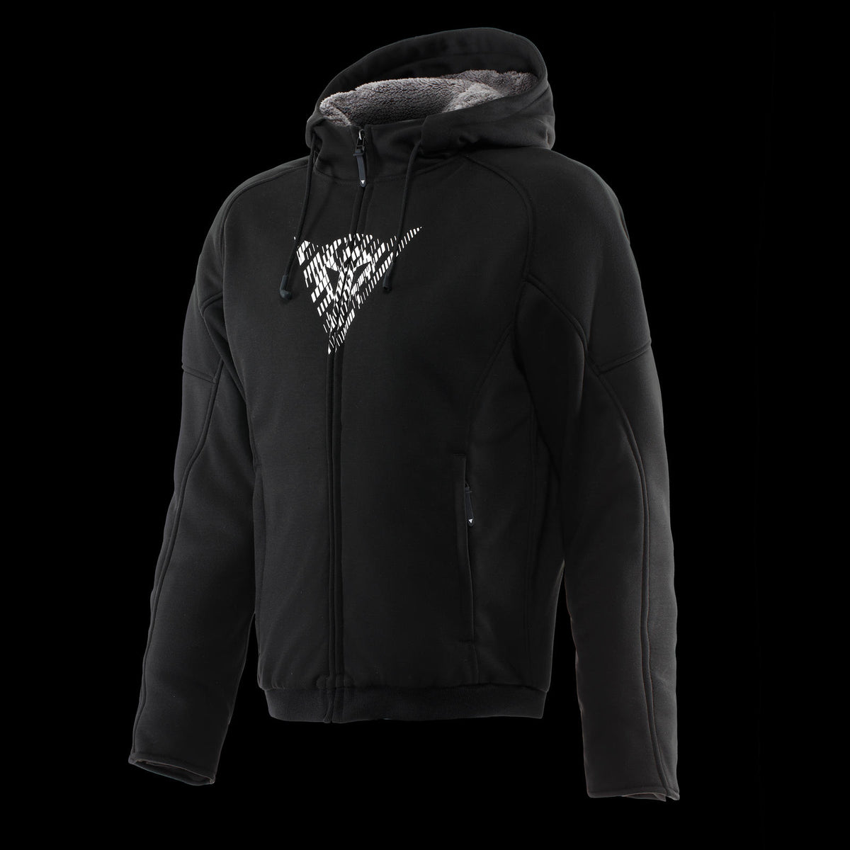 DAINESE BOVISA SAFETY HOODIE FULL ZIP 黑色商品平拍照，深色背景完整呈現連帽拉鍊衫版型，連帽內裡可見灰色鋪棉刷毛，胸前DAINESE三角標誌與抽繩耳機孔設計清晰可見，義大利原廠刷毛連帽防摔衣