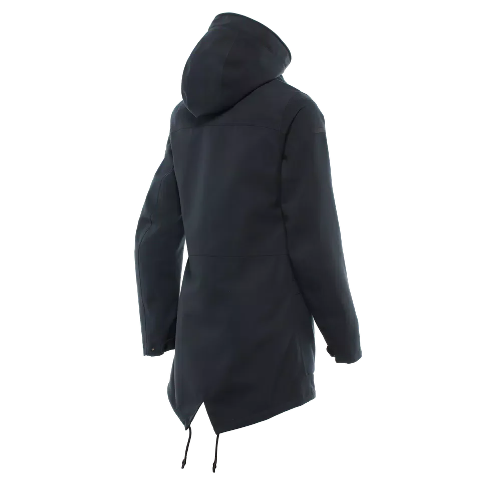 DAINESE DARSENA ABSØLUTESHELL PRO PARKA WMN 黑色女款外套官方背面商品照，清楚呈現連帽、反光細節、腰部調節設計與雙尾魚尾下擺的完整版型