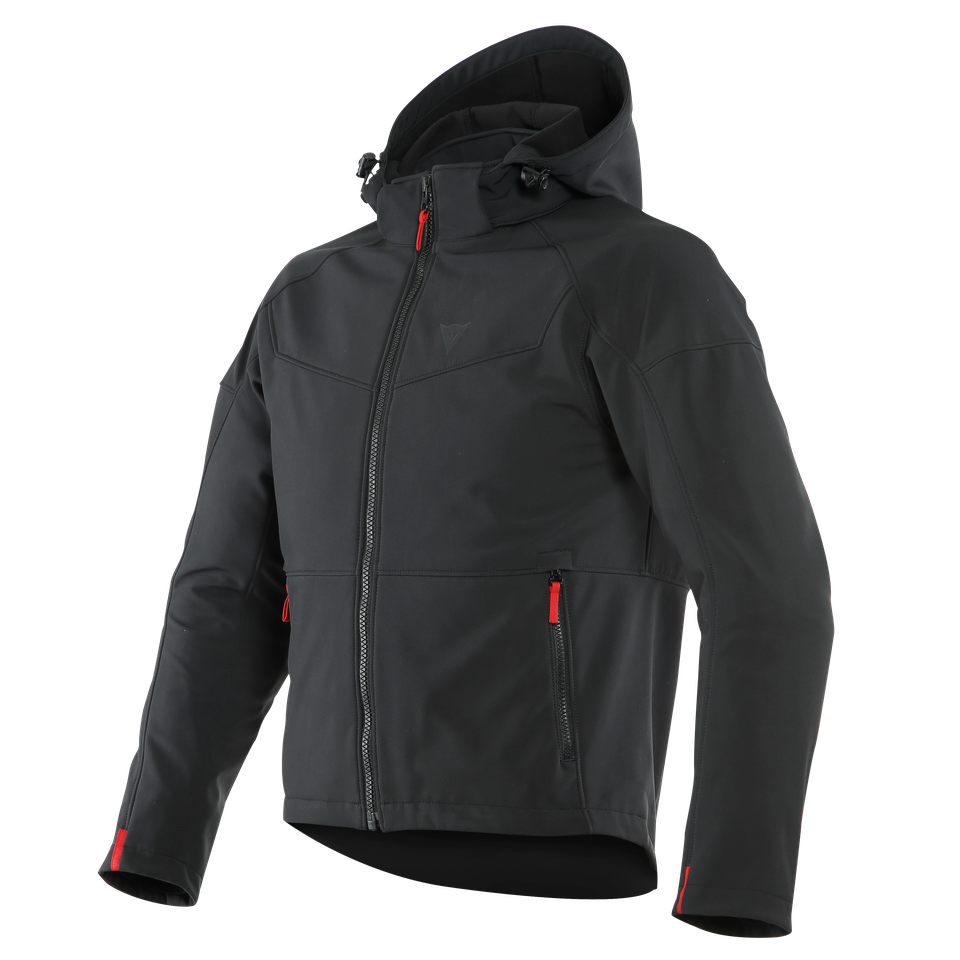 DAINESE IGNITE TEX JACKET 黑/黑配色商品平拍照，白底透明背景完整呈現連帽外套版型與DAINESE三角品牌標誌，可見胸前拉鍊口袋、下擺束口與袖口滾邊設計，義大利原廠防風軟殼布料製都會防摔外套