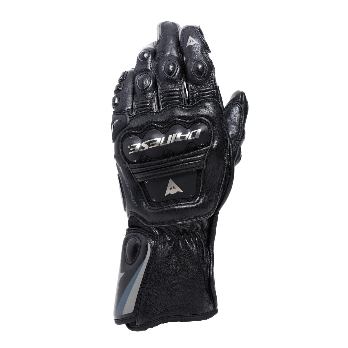 DAINESE STEEL-PRO GLOVES BLACK/ANTHRACITE 單手手背視角，清楚呈現指關節鎢鋼護具、DAINESE品牌標誌與手背縫線細節，黑/炭灰配色，義大利原廠山羊皮革製賽道手套