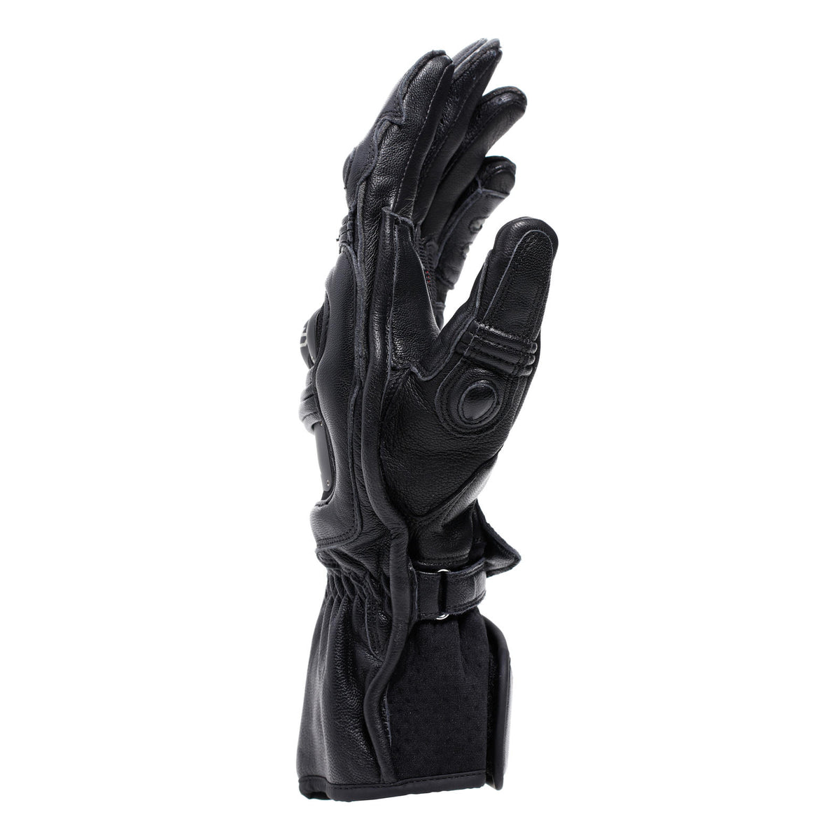 DAINESE STEEL-PRO GLOVES BLACK/ANTHRACITE 手套側面與袖口視角，展示預彎手指設計、腕部護具立體結構與可調式袖口束帶，黑/炭灰配色義大利原廠賽道皮革手套
