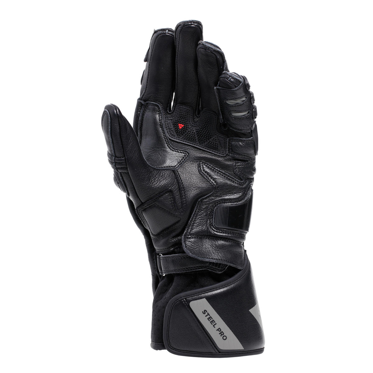 DAINESE STEEL-PRO GLOVES BLACK/ANTHRACITE 掌心視角，可見止滑掌面材質、加強耐磨山羊皮革與手指彈性伸縮插件，黑/炭灰配色，義大利原廠賽道專用皮革手套