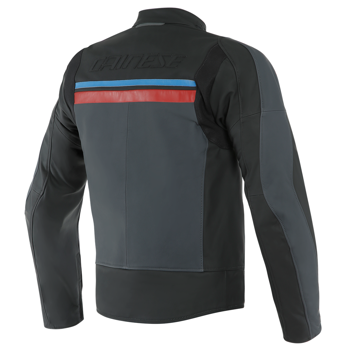DAINESE HF 3 LEATHER JACKET 黑紅藍背面平拍照，可見背部剪裁線條與肩部立體結構，消光牛皮革材質