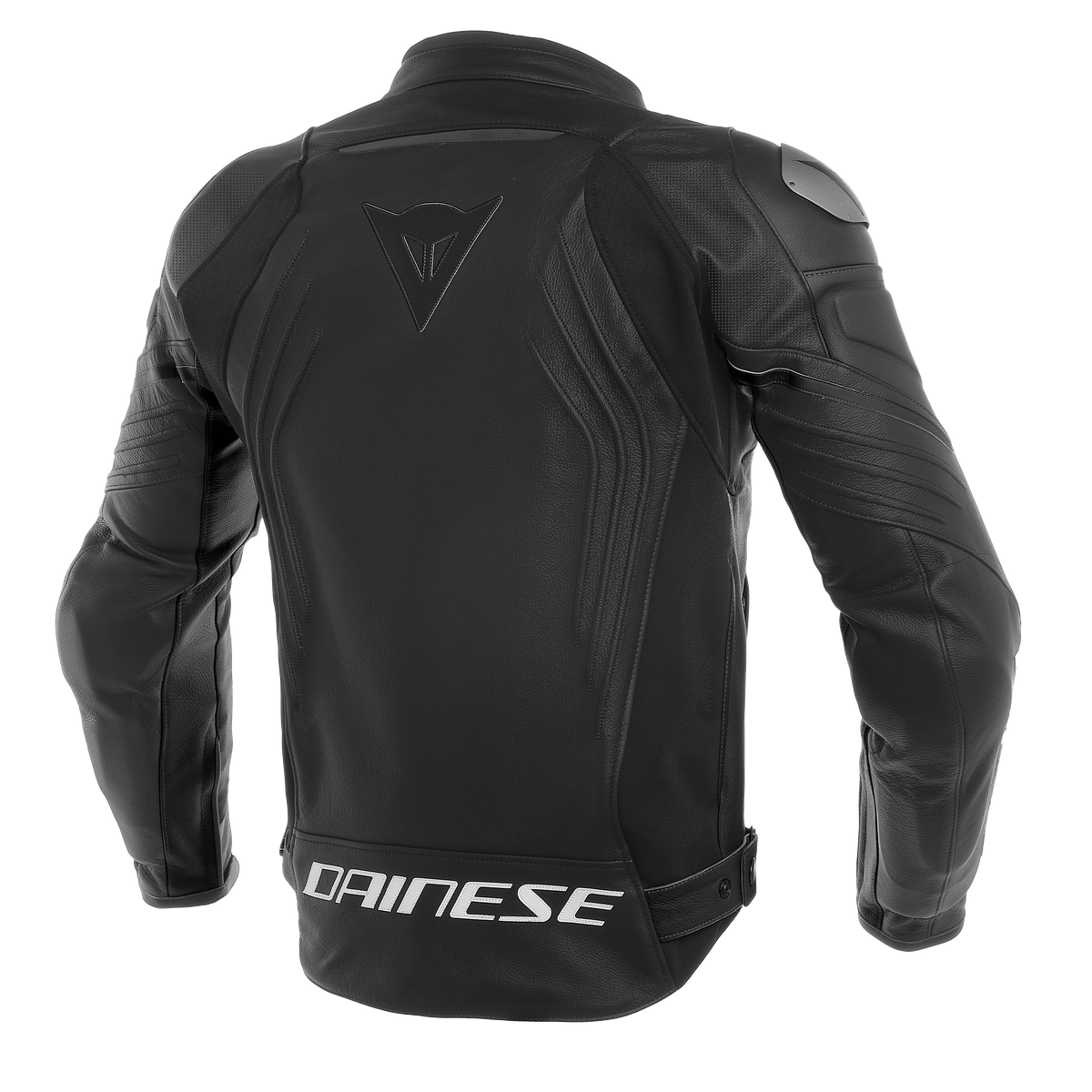 DAINESE RACING 3 PERF. LEATHER JACKET 黑黑黑背面平拍照，可見背部DAINESE標誌與肩背护具剪裁細節