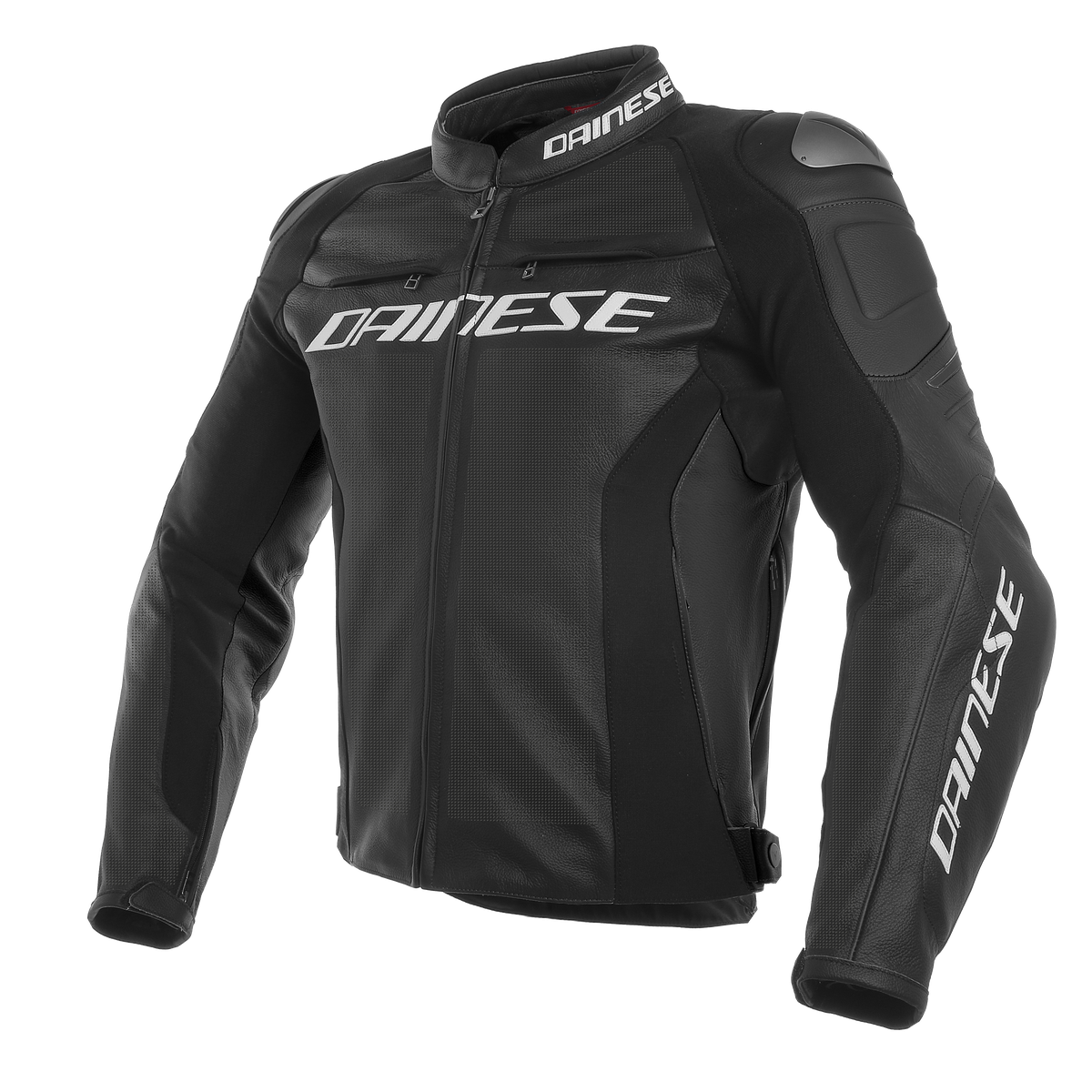 DAINESE RACING 3 PERF. LEATHER JACKET 黑黑黑正面平拍照，全黑色賽道皮衣，胸口白色DAINESE標準字與肩部护具剖裁