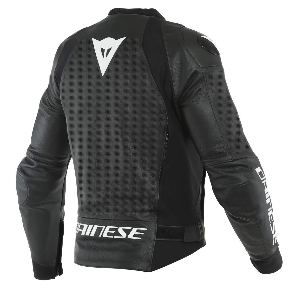 DAINESE SPORT PRO PERF. LEATHER JACKET 打洞黑白賽道皮衣背面陳列照，可見肩部鋁合金護片與背部車縫線條，運動貼身版型，頂級牛皮革製作賽道專用皮衣